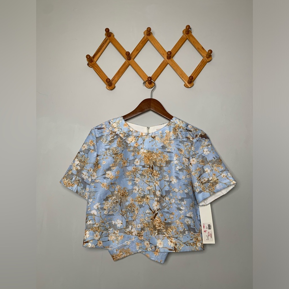 NWT Women’s Mignon Doo Blue Sheer Floral Pattern Boxy Crop Top SZ M